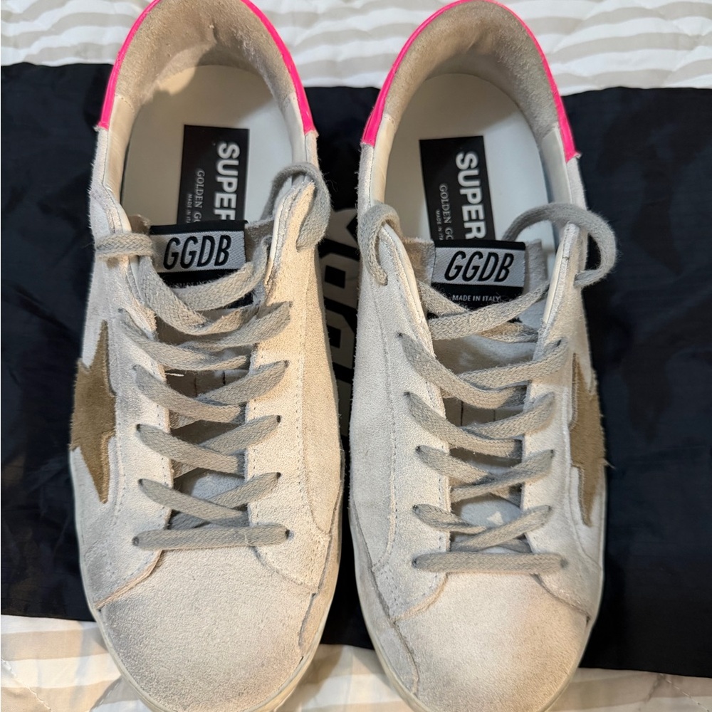 Golden Goose White Suede Low-Top Sneakers with Pink Heel and Tan Star
